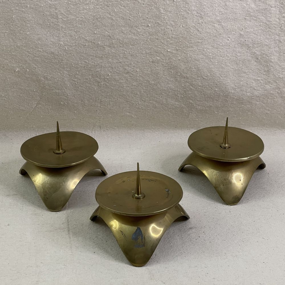 Vntg Mid Century Space Age Atomic Futuristic Candleholders Solid Brass Set‎ Of 3